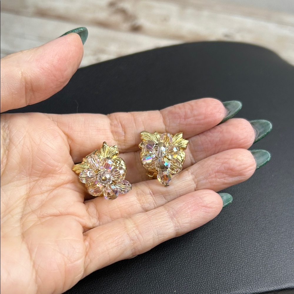 Vintage Aurora Borealis Gold Clip On Earrings